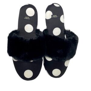 NWOB Victoria's Secret Black White Polka Dot Faux Fur Slip on Slippers Sz M